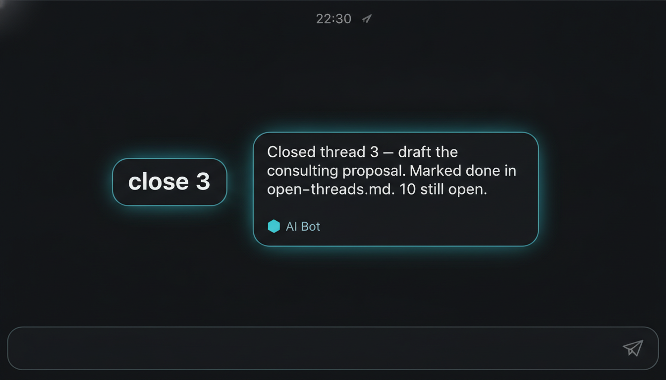 A phone Telegram chat: the user texts 'close 3', the AI bot confirms thread 3 is now checked off in open-threads.md with a count of the remaining open threads.