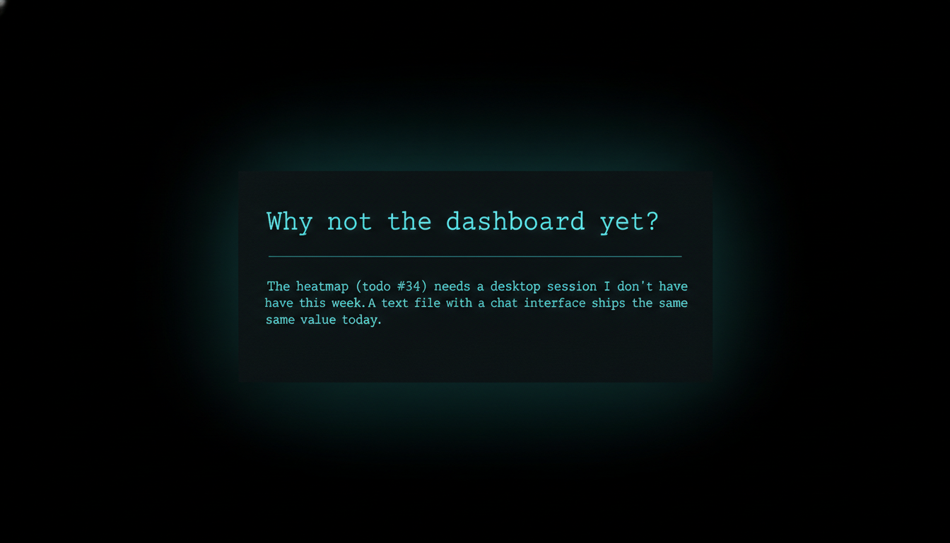 A one-line card explaining why the scrappy text file shipped before the planned dashboard heatmap.