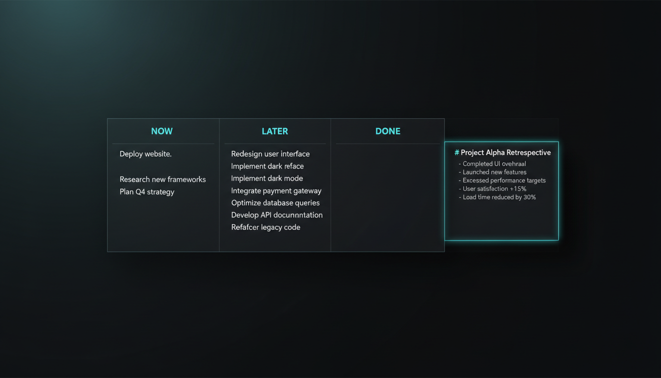 The finished AIOS Todo board with every row rendering as a clean single line — bold where it should be bold, no literal asterisks or backticks anywhere — and a detail drawer open showing fully formatted markdown.