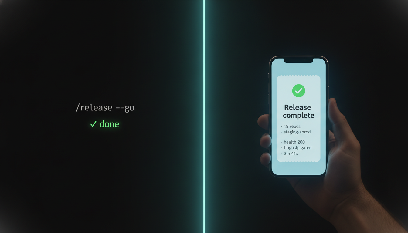 A clean final frame: on the left a single terminal line '/release --go' with a green '✓ done' beneath it; on the right a phone showing the Telegram receipt — '✅ Release complete · 18 repos · staging→prod · health 200 · flagship gated · 3m 41s'. Calm, finished, aurora-teal.