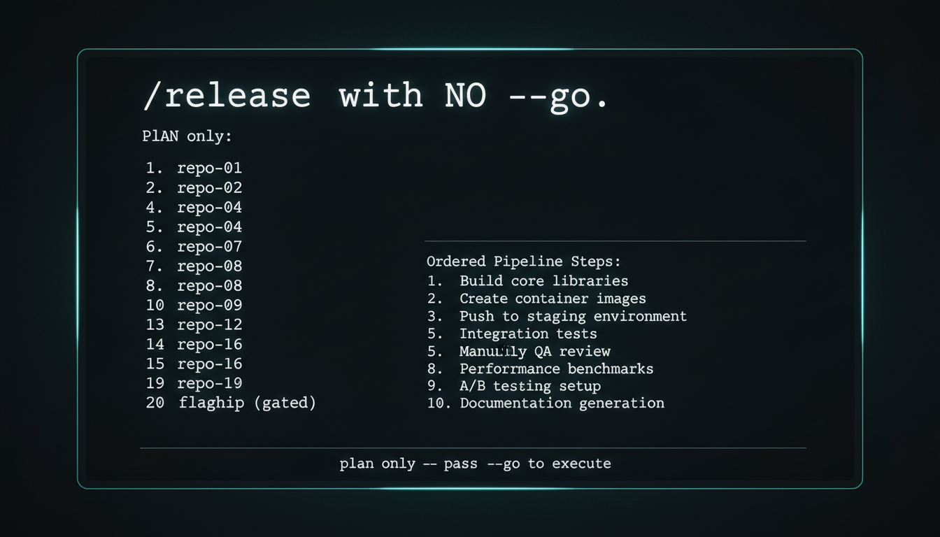 A /release dry-run plan listing the repos it would touch and the ordered pipeline steps, with a 'plan only — pass --go to execute' footer.