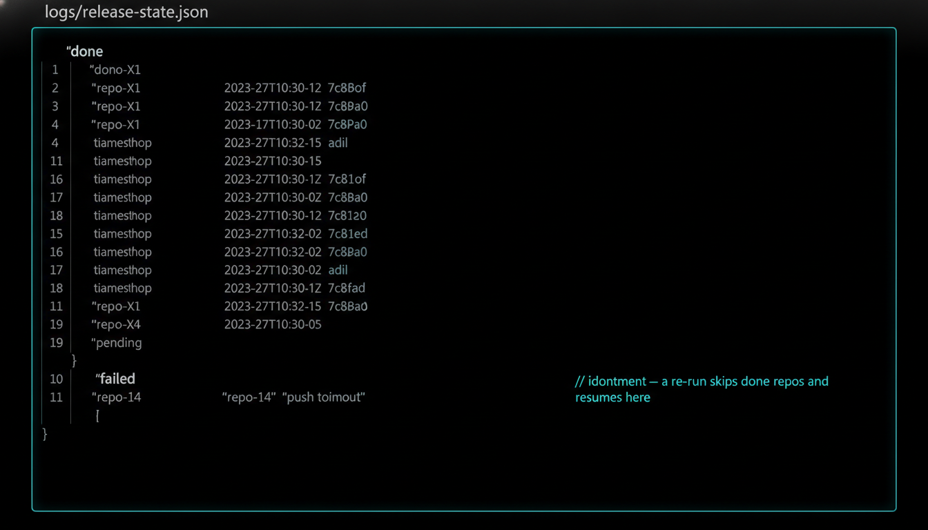 A JSON file, logs/release-state.json, on screen: a 'done' array listing repo-01 through repo-13 with timestamps and commit hashes, repo-14 marked 'failed: push timeout', and repo-15 onward 'pending'. A caption arrow shows a re-run resuming at repo-14 rather than starting over.