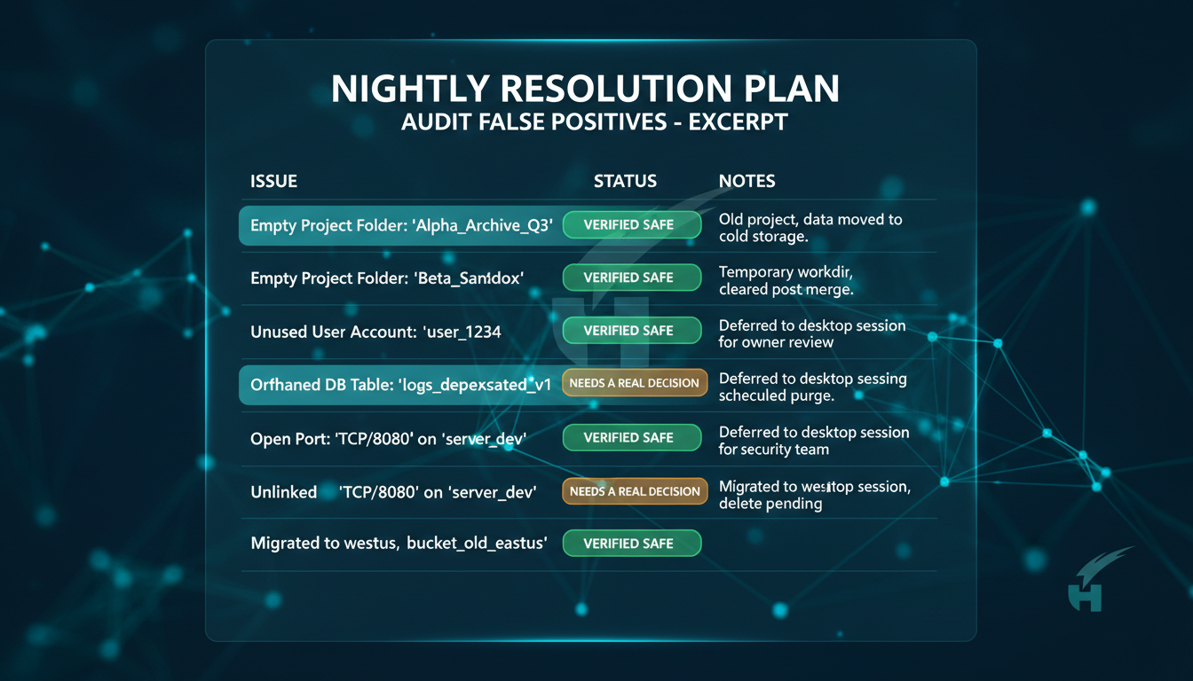 A fix-plan document listing audit false positives, each marked verified-safe or needs-a-real-decision
