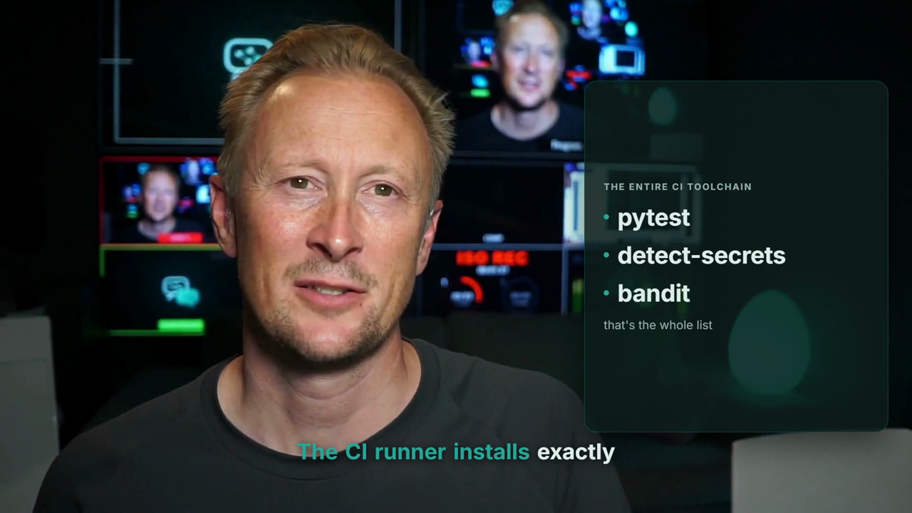 A talking-head frame with a translucent card listing the three tools the CI runner installs: pytest, detect-secrets and bandit