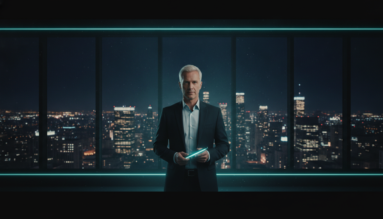 A man stands at a floor-to-ceiling window at night, city skyline behind him, teal light, quiet authority